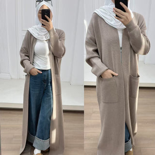 1906#Open Front Abaya with Pocket Thick Islamic Clothing Winter Cardigan Dress EID Ramadan Muslim Knitted Abaya