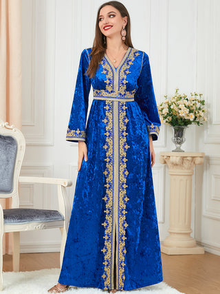 3272#Winter Gold Velvet Embroidery Maxi Long Dress Muslim Islamic Clothing