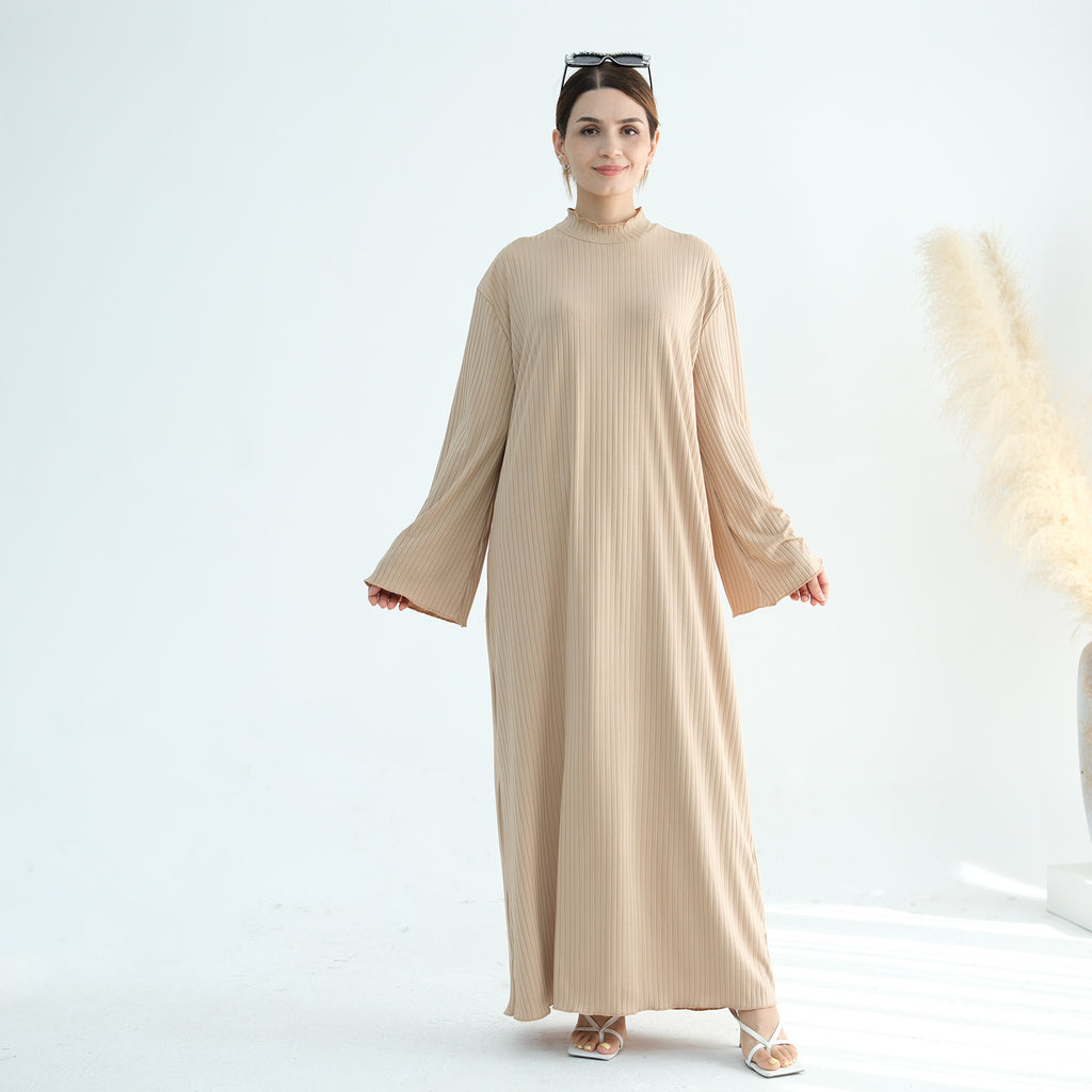 1905#High Neck Simple Daily Wear Plain Modest Abaya Women Muslim Dress Long Sleeve Slip Dress