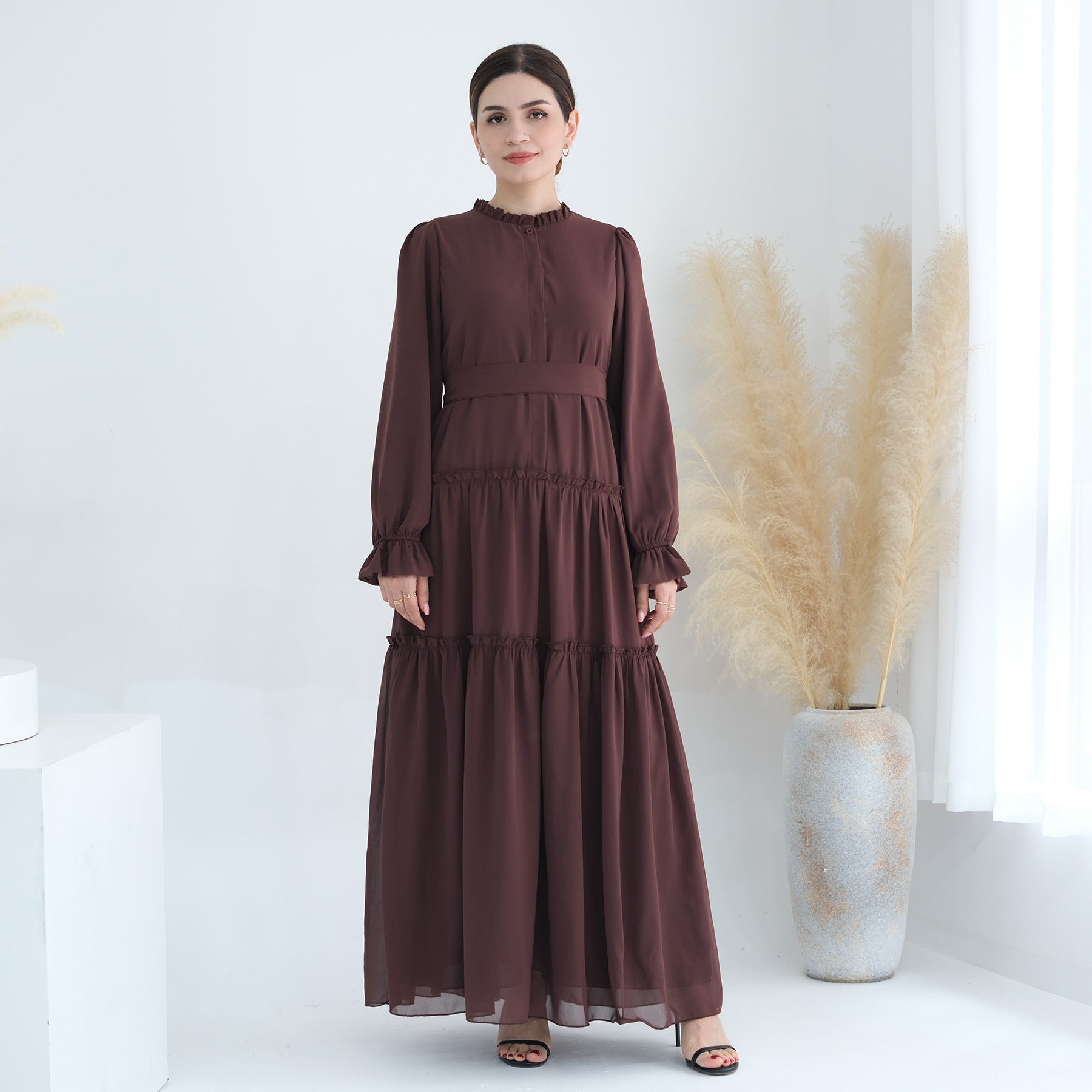 1754#2024 Solid Color Layered Chiffon Elegant Dress with Front Buttons and Lining