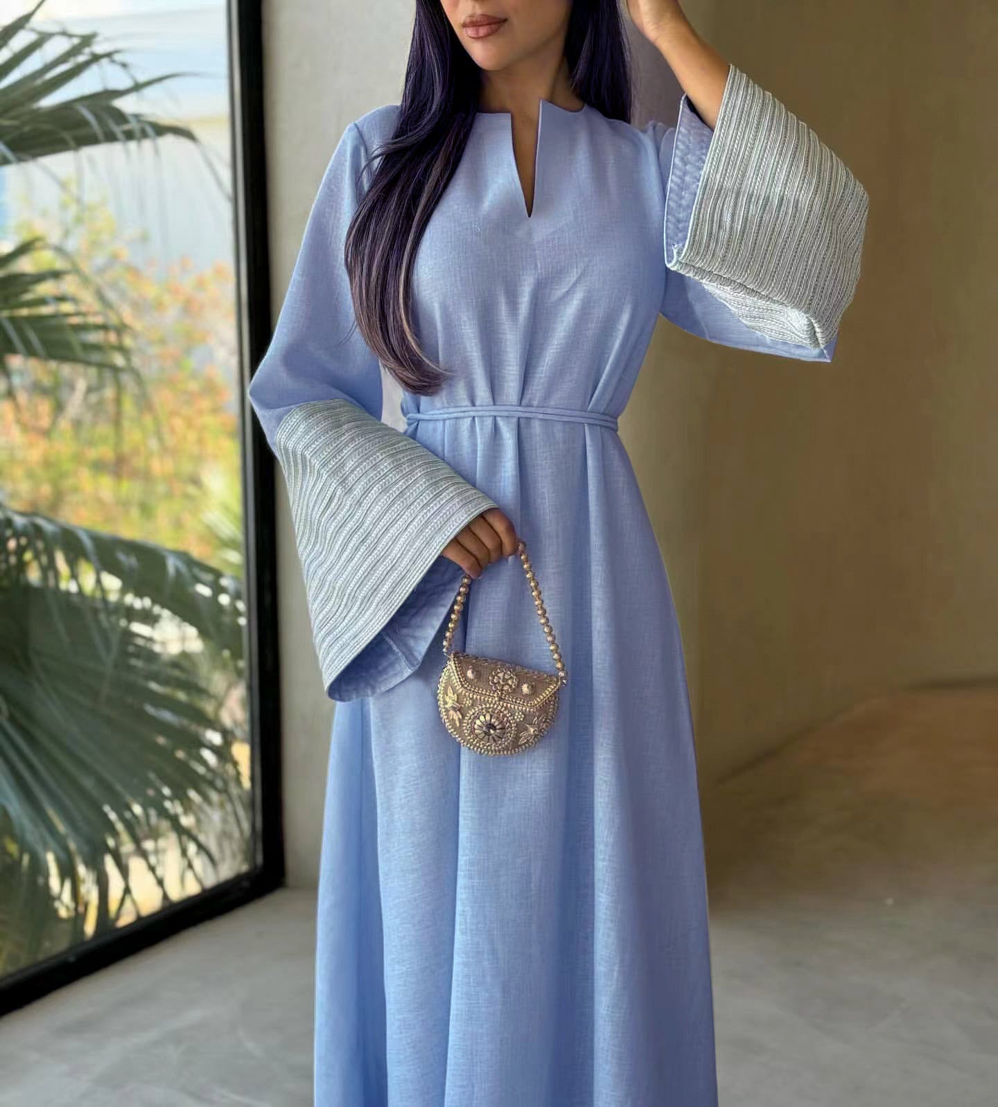 Daily Wear Linen Modest Dresses V Neck Embroidery Sleeves Abaya Women Muslim Dress