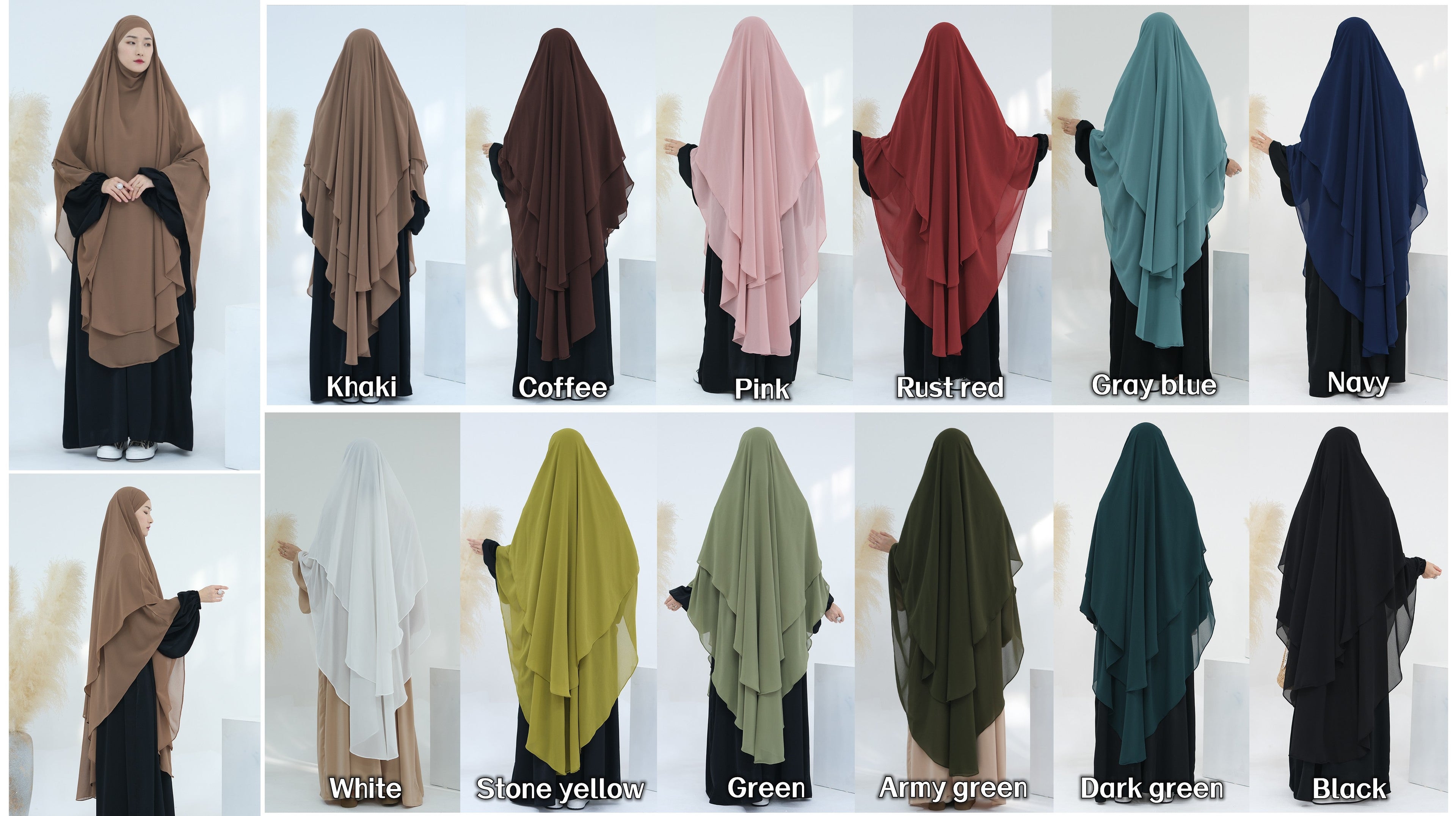 1916#2024 New Overhead Prayer Scarf Muslim Women Hijab 2 Layers Long Chiffon Khimar
