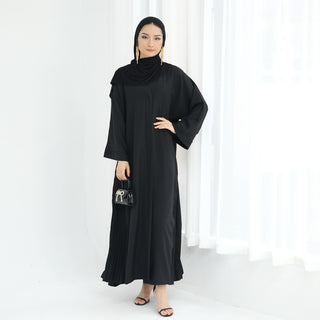 1850#Open Women Muslim Long Dress Plain Black Pleated Kimono Turkey Dubai Abaya