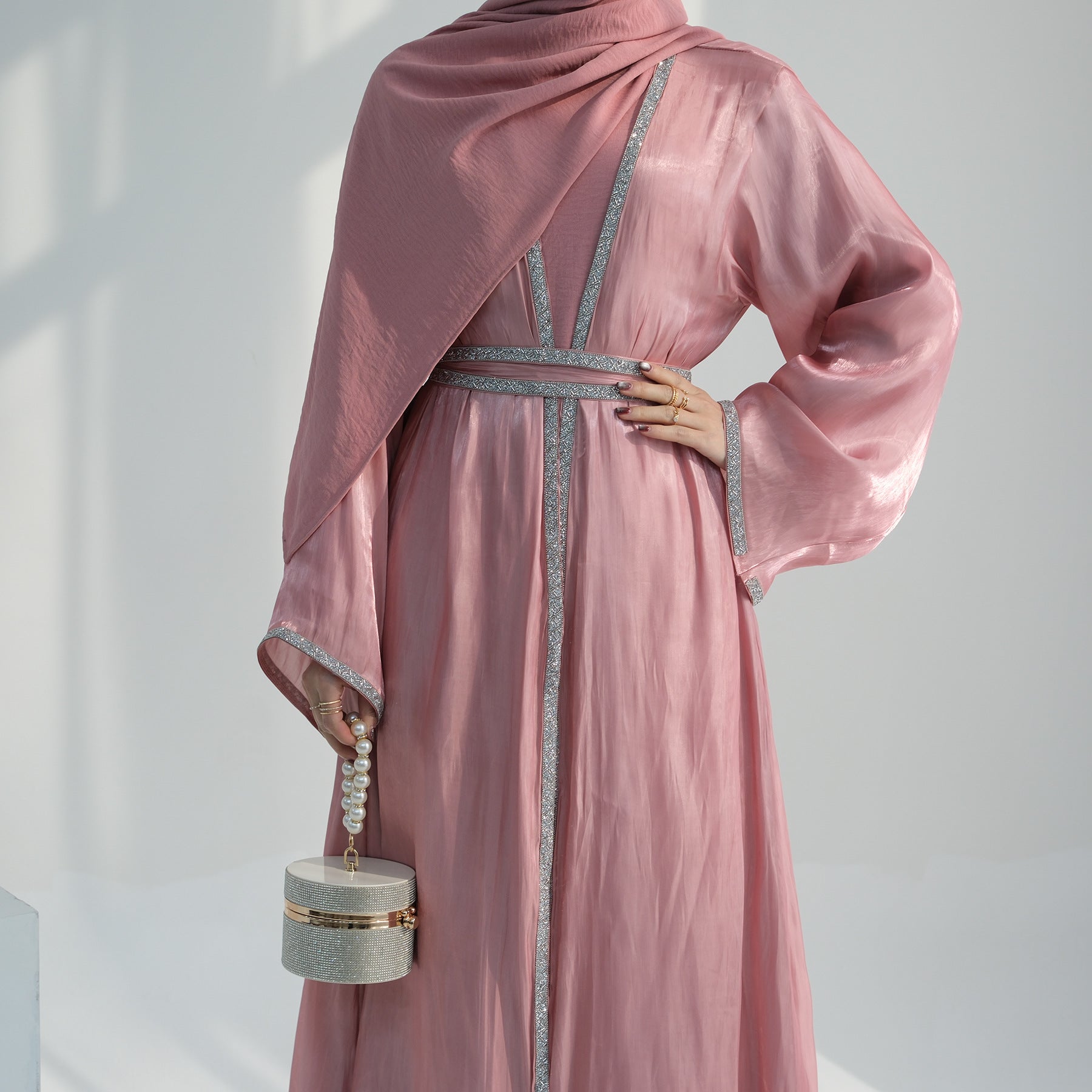 1699#2024 New Abaya Set Shinny Polyester Glitter Dubai Abaya Modest Kimono