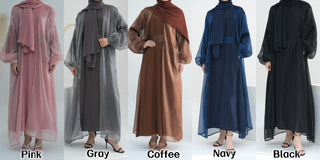 1698#2024  Luxury Stone Design Islamic Clothing 2 Piece Abaya Set Front Open Abaya