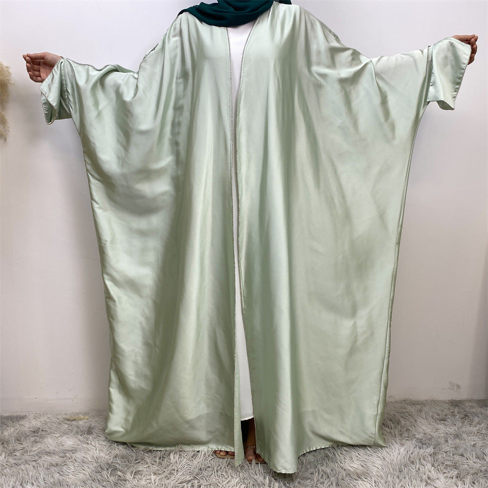 1427#New Arrival Muslim Women Silver Diamond Cardigan Islamic Clothing Light Shiny Satin Silk Abaya With Split Cuff