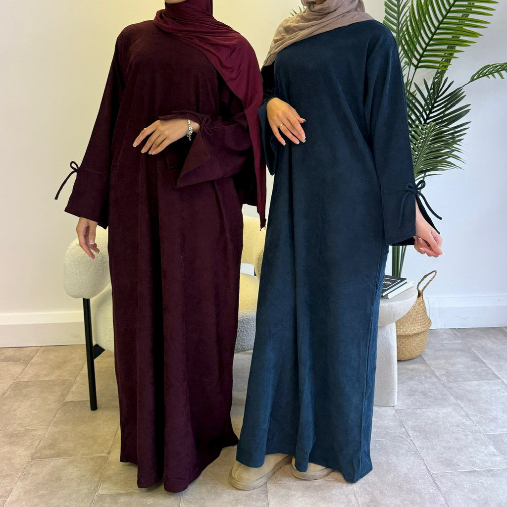 1925#Winter Thin Corduroy Bowknit Modest Abaya Robe Elegant Muslim Women  Closed Abaya with Pocket