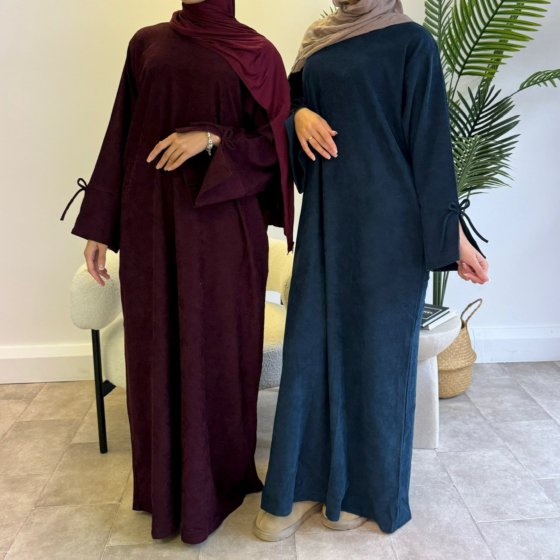 1925#Winter Thin Corduroy Bowknit Modest Abaya Robe Elegant Muslim Women  Closed Abaya with Pocket