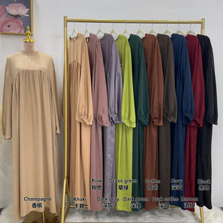 1592#High Quality Muslim Dress Puff Sleeve Soft Satin Plain Abaya