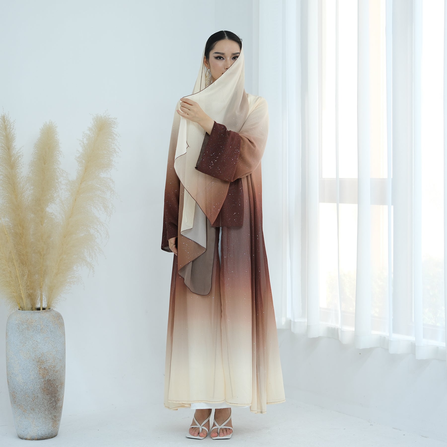 1840#2024 New Ombre Gradient Color Hijab Abaya 2pcs Set Kaftan Abaya Women Muslim Dress