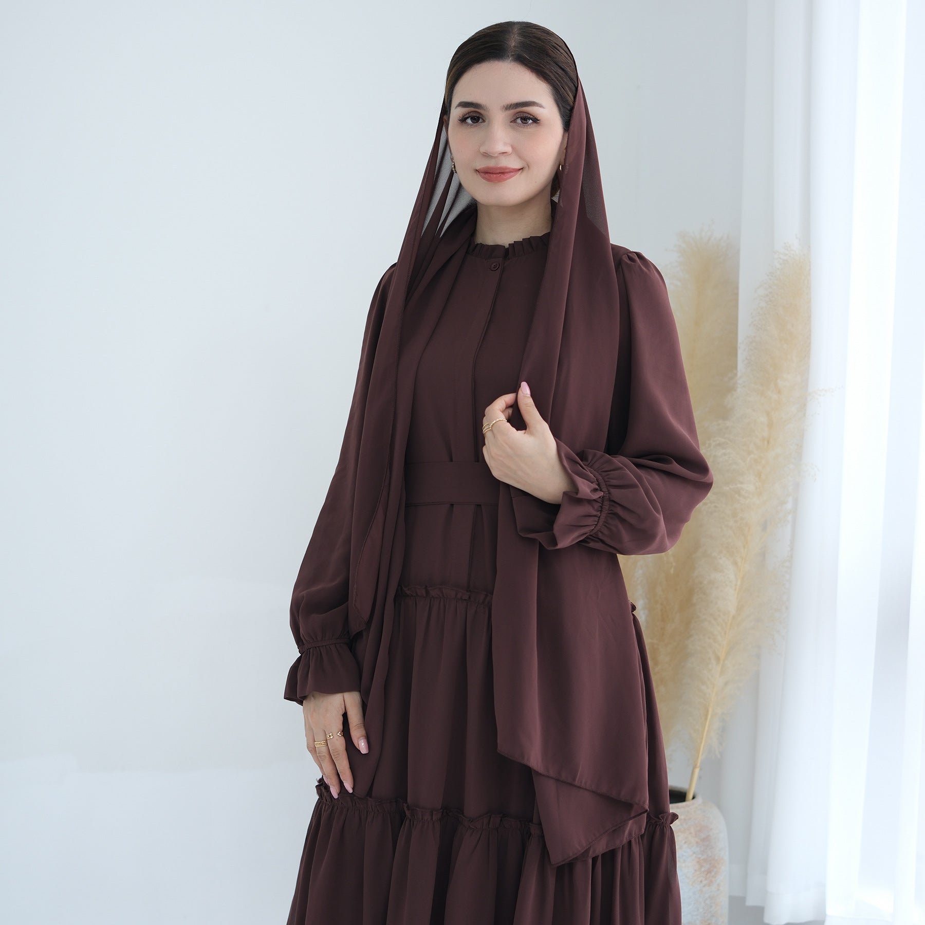1754#2024 Solid Color Layered Chiffon Elegant Dress with Front Buttons and Lining
