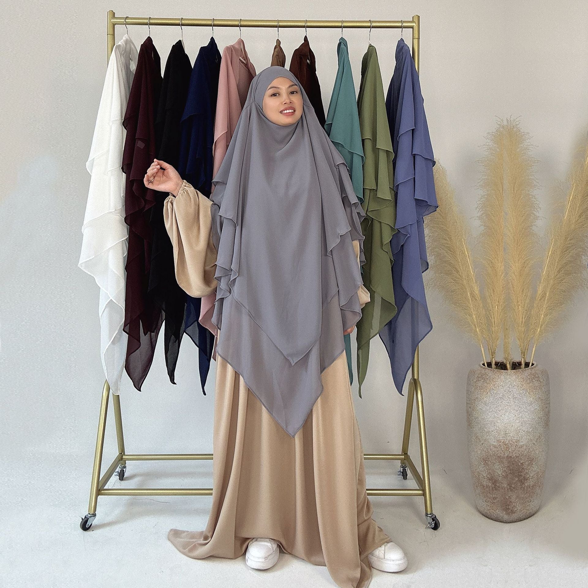 1909#Three Layered Flowy Women Muslim Long Hijab Top Jilbab_ Chiffon Khimar