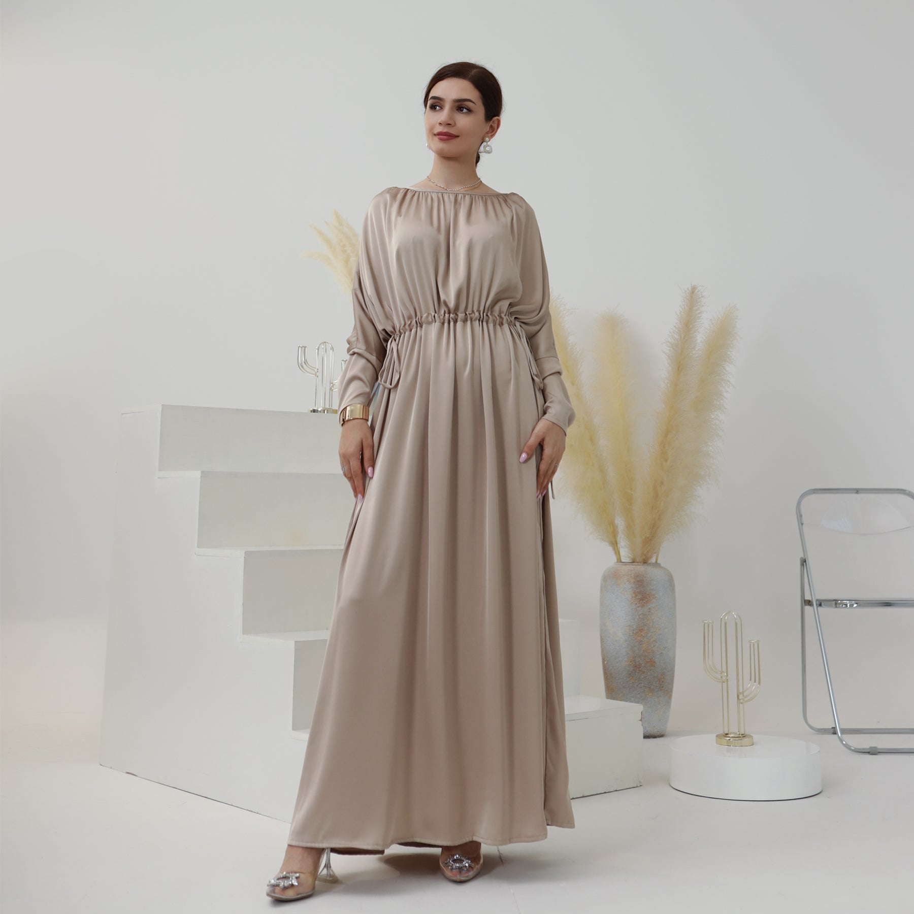 221022#Gonice New Design Satin Abaya Pleated Women Modest Dress