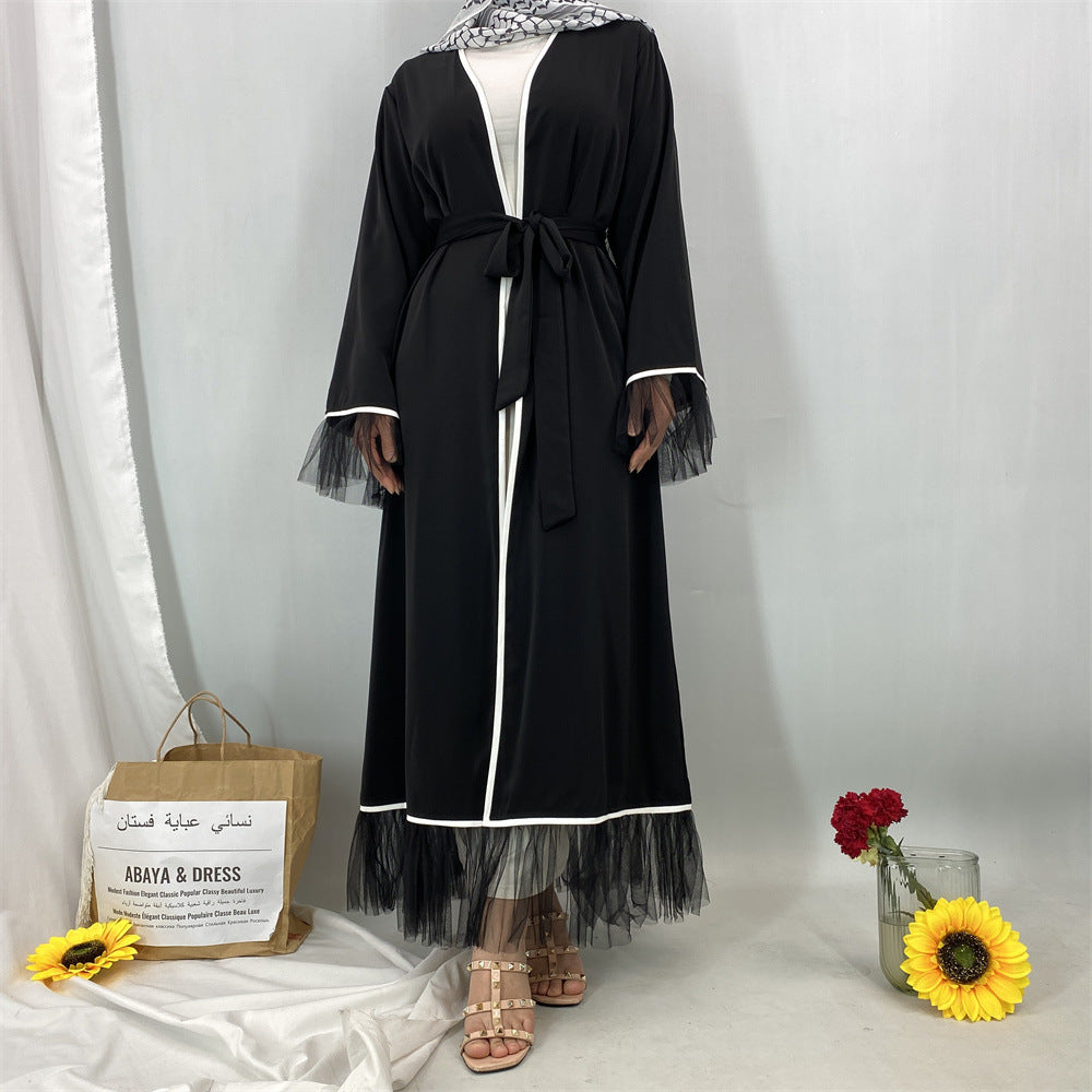 1466#Long Sleeve Elegant Women Solid Color Mesh Black Open Abaya with White Piping