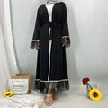 1466#Long Sleeve Elegant Women Solid Color Mesh Black Open Abaya with White Piping
