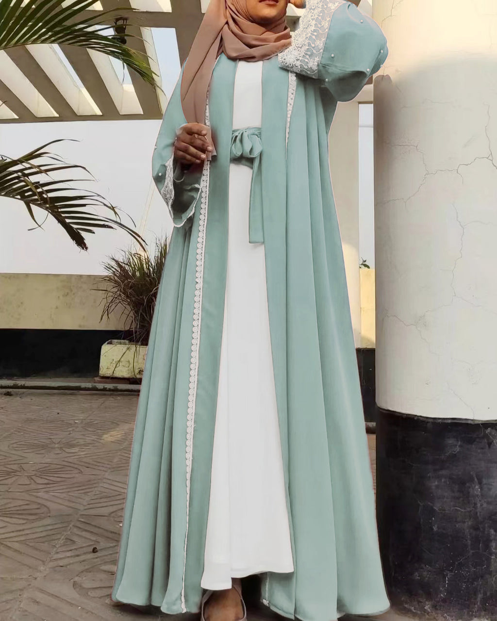 1405#Latest Eid Nida Material Flower Lace Border Classy Embroidery Women Open Abaya