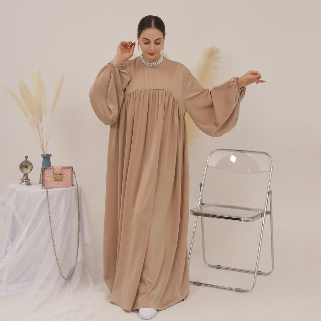 1592#High Quality Muslim Dress Puff Sleeve Soft Satin Plain Abaya