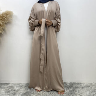 1975# New satin open abaya women dubai cardigan with side pockets