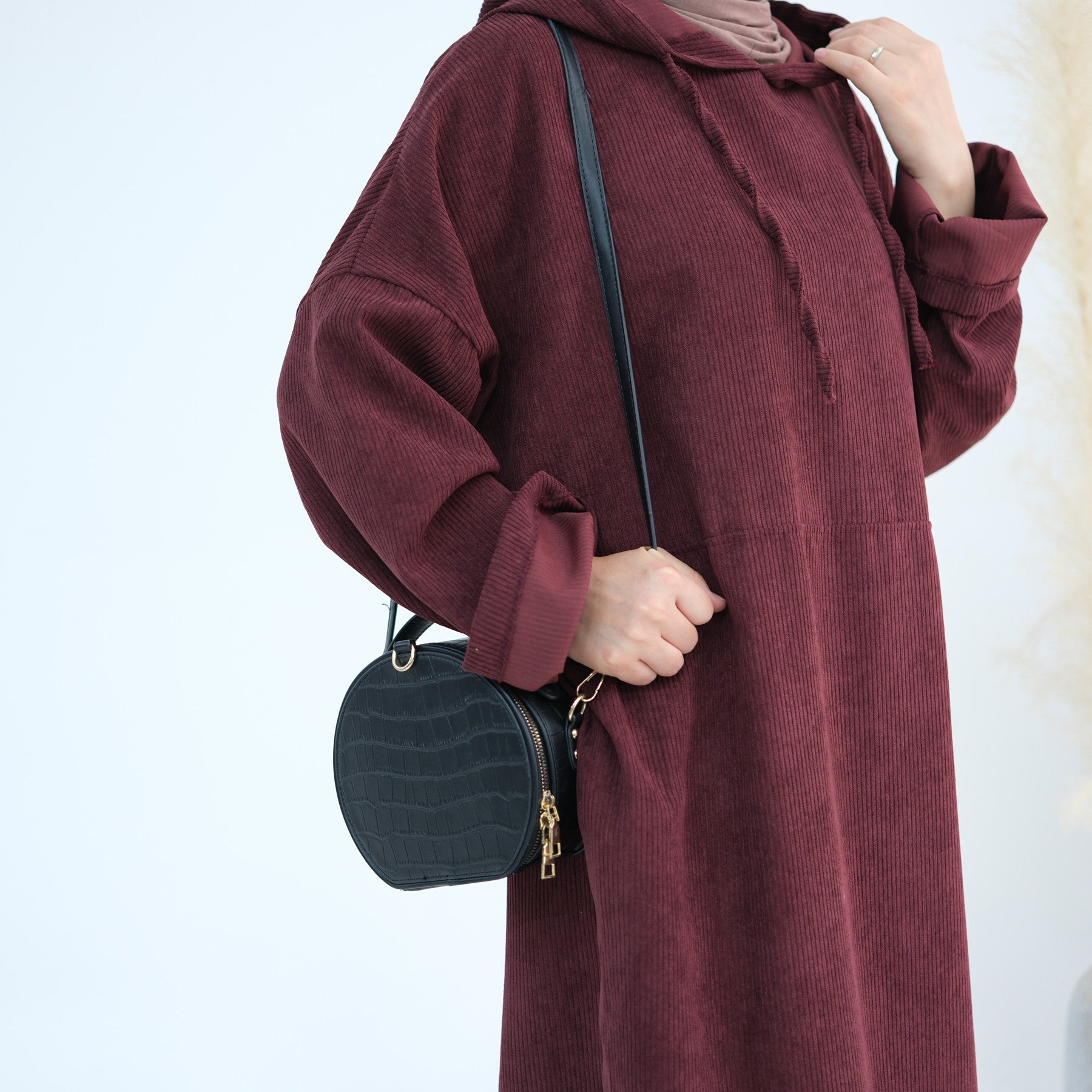 1890#Casual Cordury Hoodie Abaya Loose  Muslim Women Dress with Pockets Daily Wear Winter Abaya