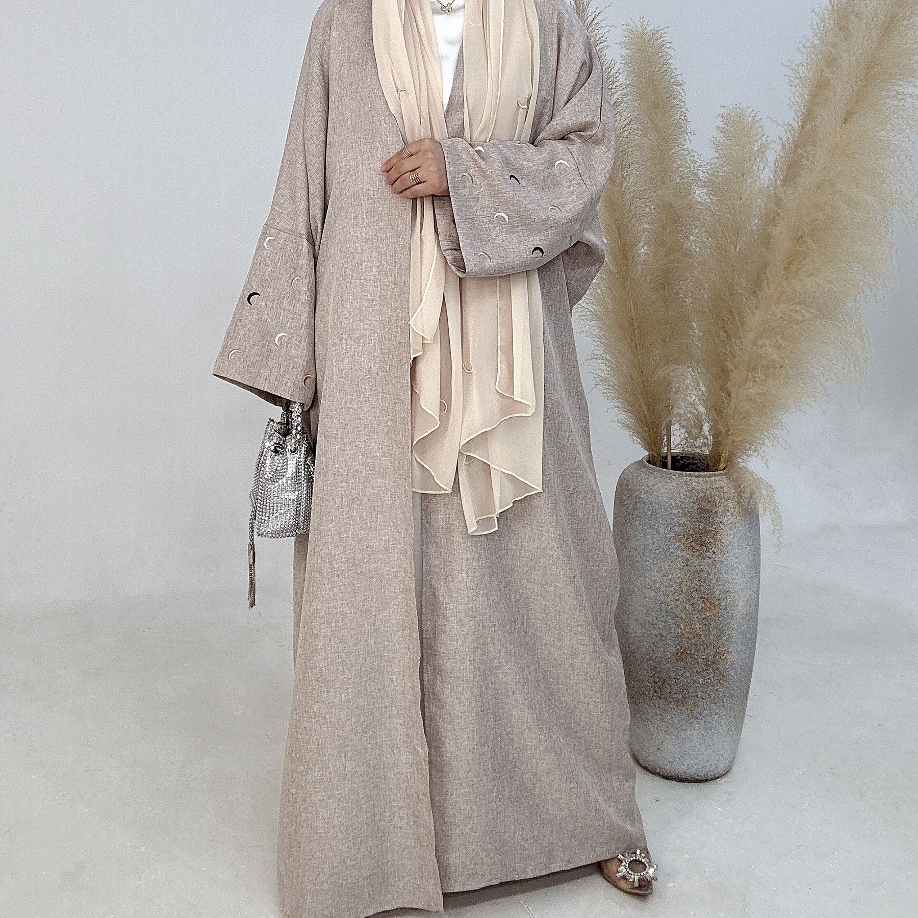 1664#New Arrival EID Linen Islamic Clothing Musulmane Moon Embroidery Women Kimono Cardigan Abaya