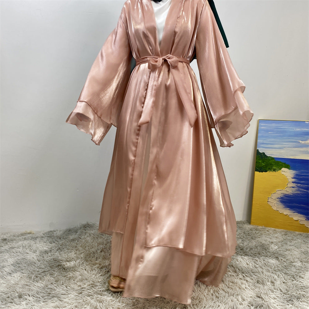 1432#Flowy Shiny Silk Material New Design Two Layers Loose Sleeves Classy Fashion Popular Ladies Islamic Open Abaya