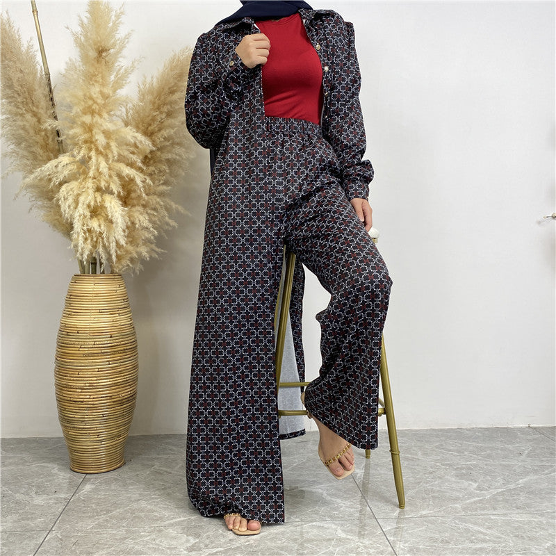 6674# New fashion set full button pocket pant muslim women 2pcs abaya sets