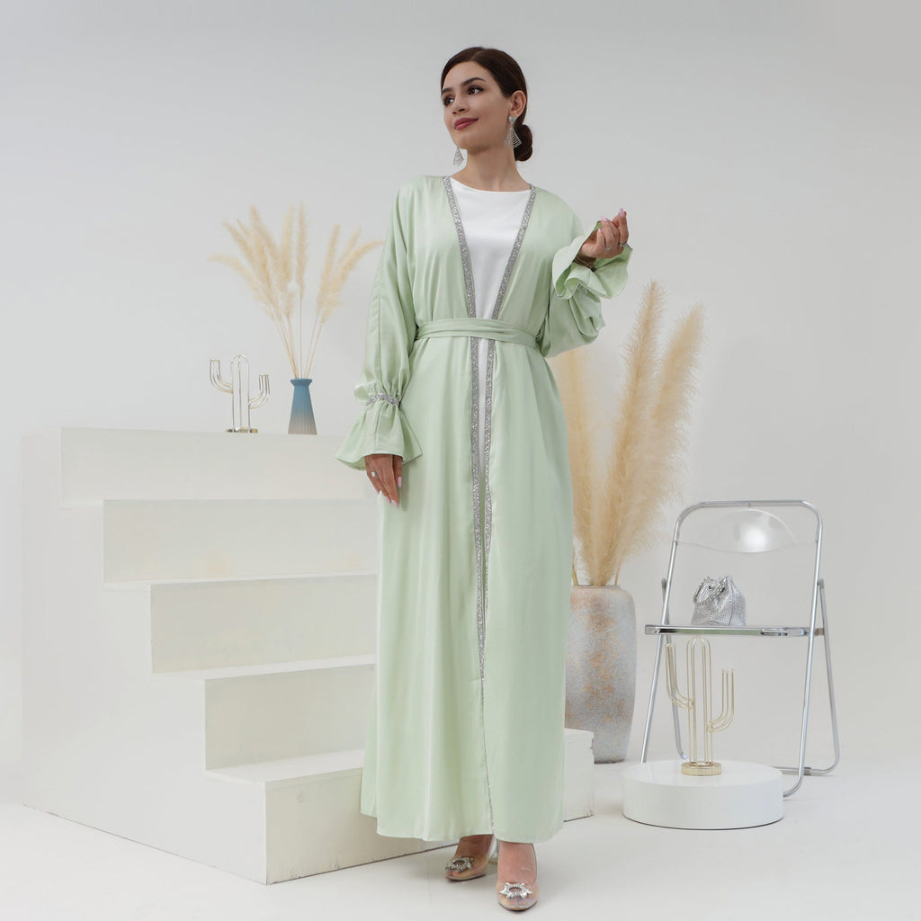 1633#New Design Modest Dubai Muslim Dress Satin Women Open Abaya 2pc set