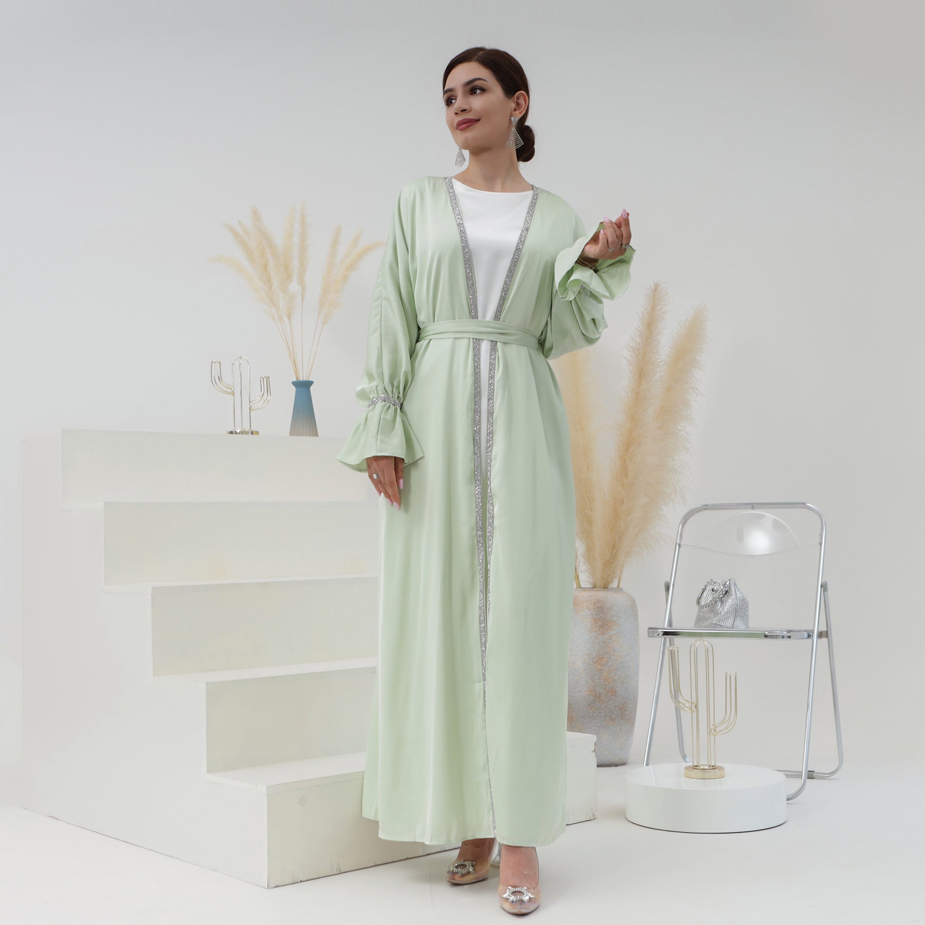 1633#New Design Modest Dubai Muslim Dress Satin Women Open Abaya 2pc set