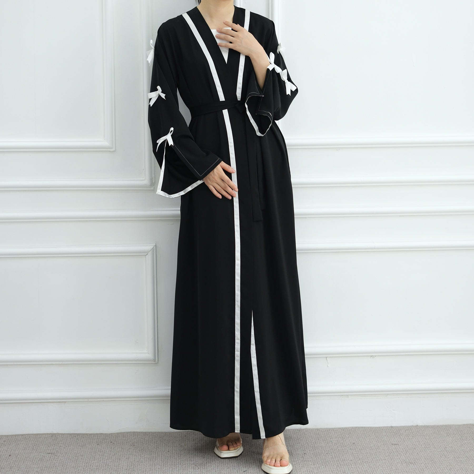 1033#EID Ramadan Modest Muslim Women's Abaya Dress Solid Color Bow Sleeves Cardigan Open Kimono