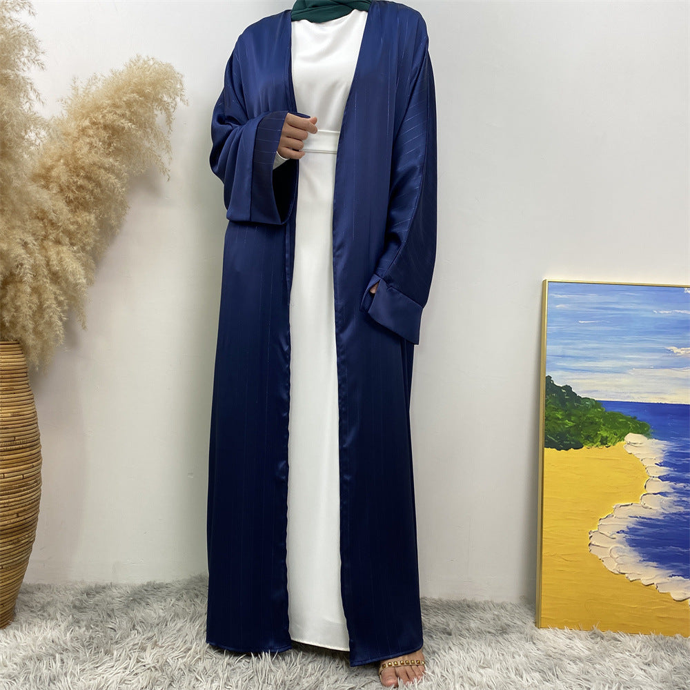 1439#Women Abaya Smooth Satin Kimono Slit Sleeve Popular Islamic Clothing Modest Silver Line Printed Abayas