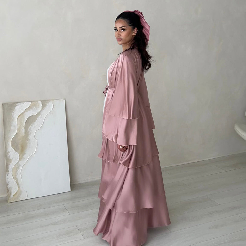 1706#2024 High Quality Satin Silk Open Abaya EID Dubai 3 Layers Abaya Islamic Clothing