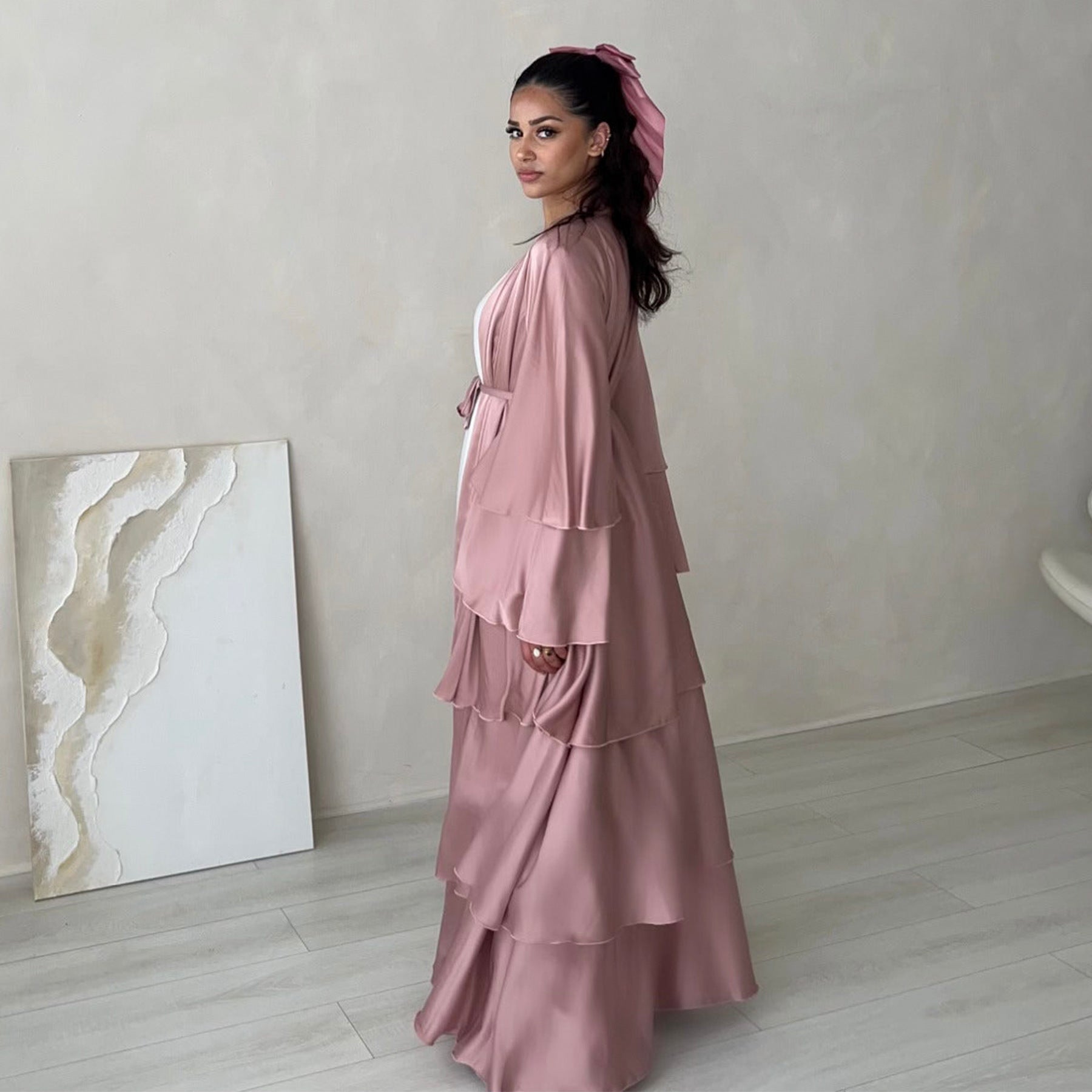 1706#2024 High Quality Satin Silk Open Abaya EID Dubai 3 Layers Abaya Islamic Clothing