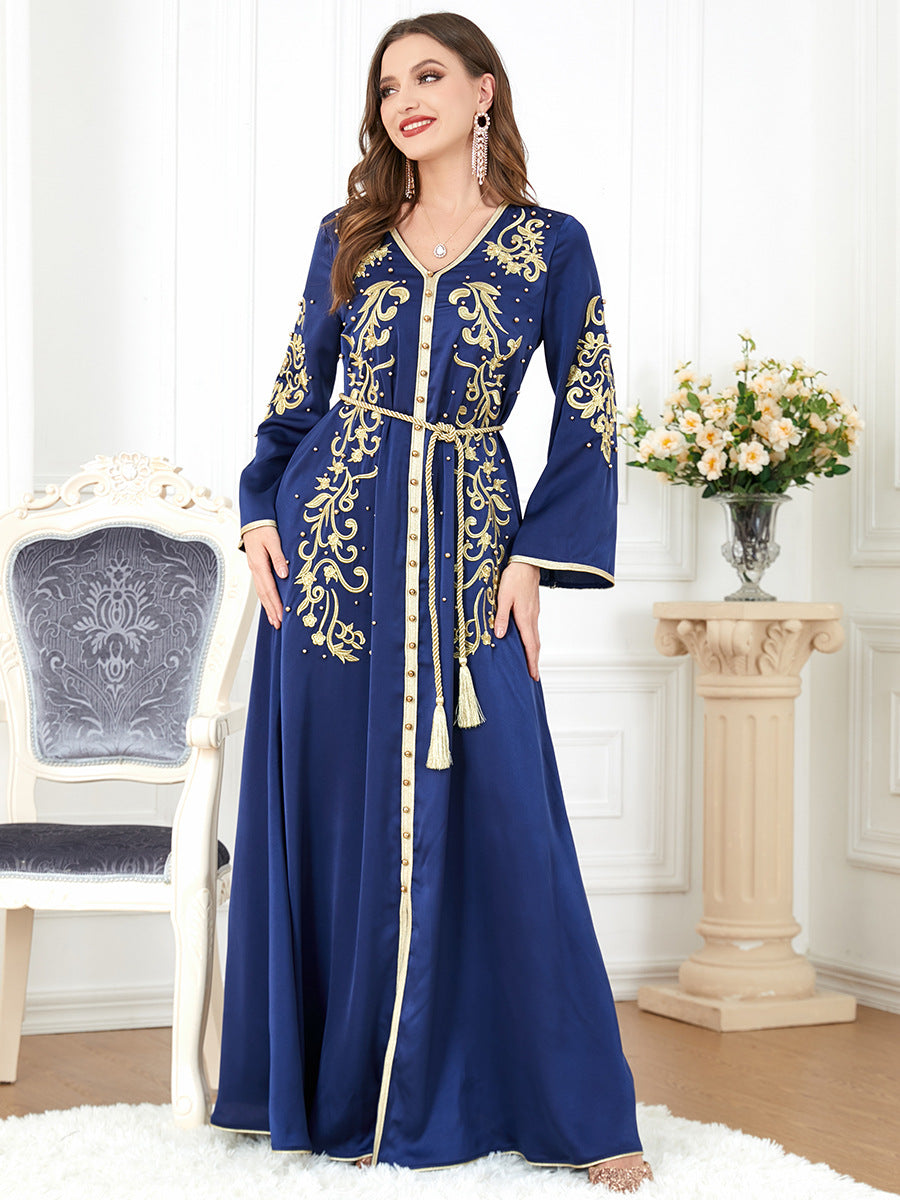 3299#Modest Muslim Turkey Arabic Dubai Diamond Ribbon V Neck Bead Maxi Dress