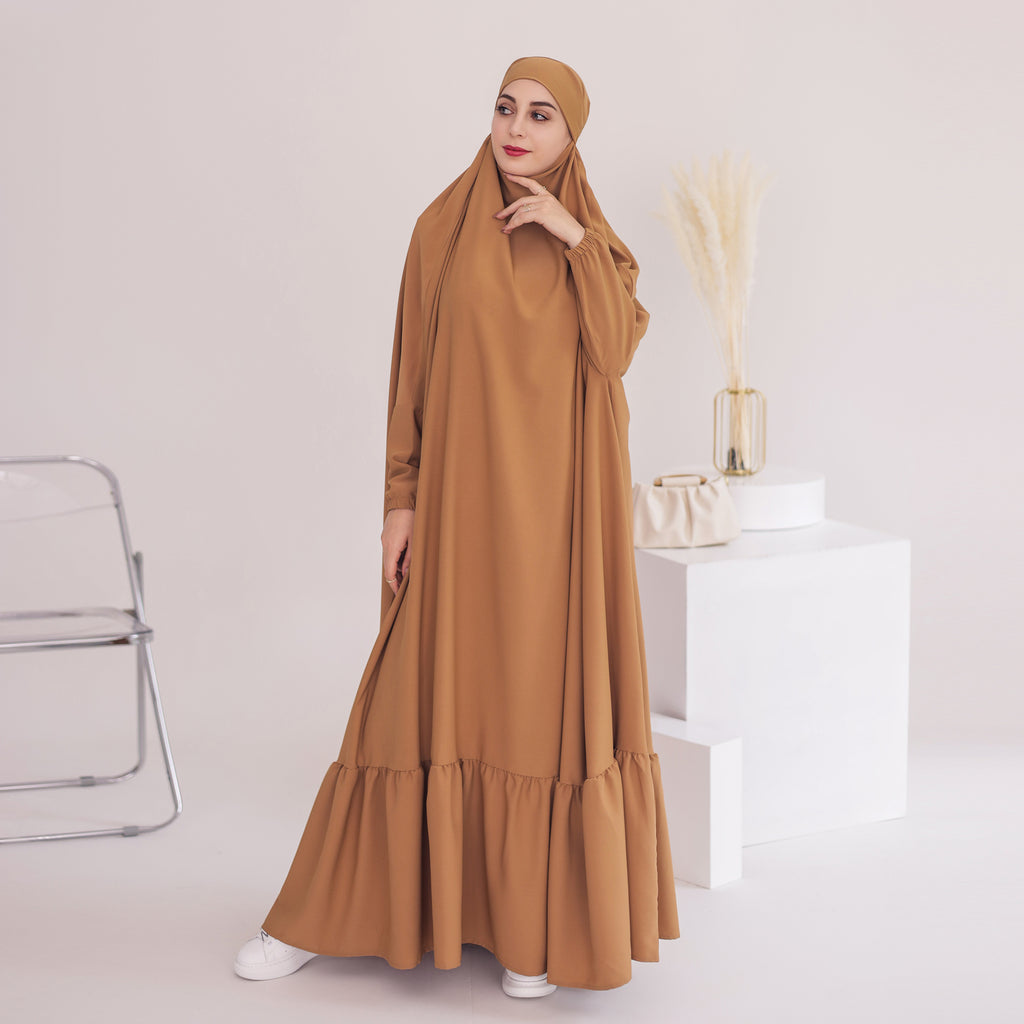 1617#EID New Prayer Abaya Ruffle Style Nida Jilbab_ Modest Dresses with Connected Hijab