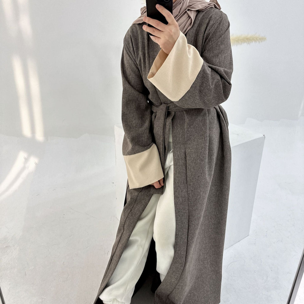 1744#2024 Latest Islamic Clothing Color-blocked Sleeves Linen Cardigan Open Abaya