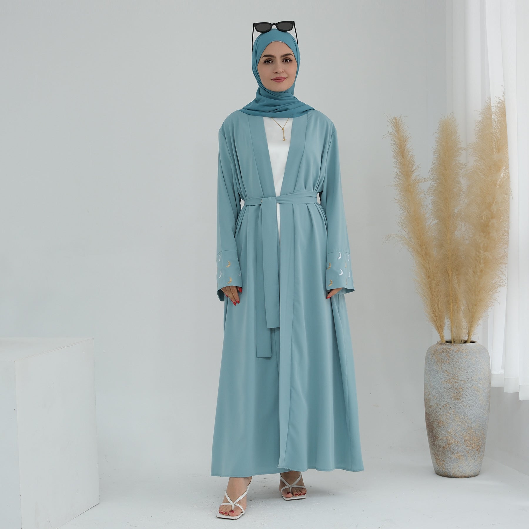 1785#New Arrival Cardigan Muslim Women's Dresses Moon Embroidery EID Linen Abaya