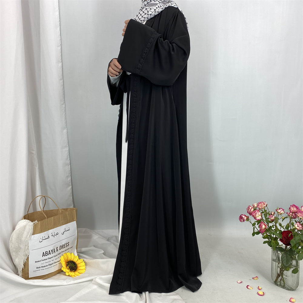 1461#New Arrival Elegant Nida Open Abaya with Matching Floral Lace and Pockets