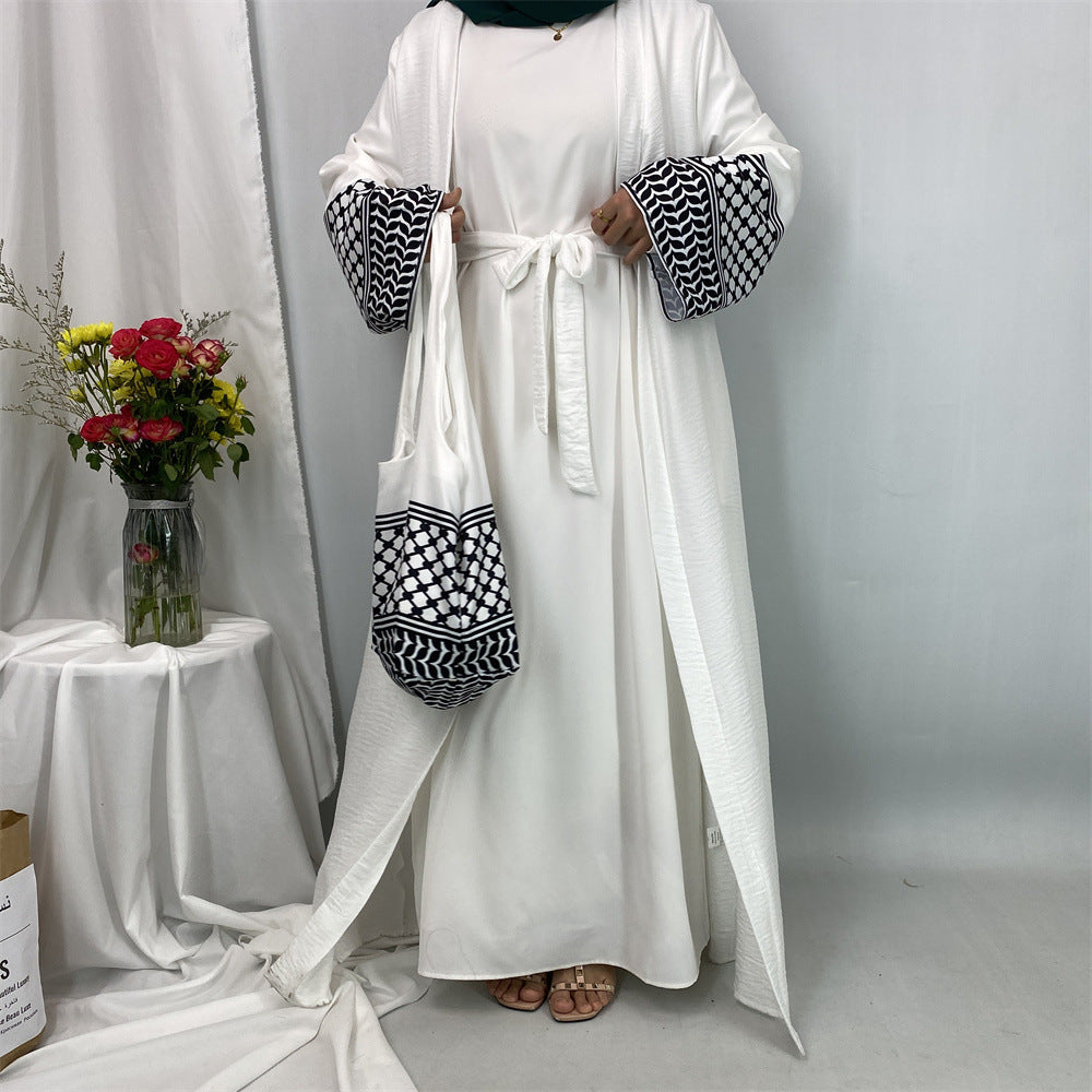 1452#Hot Seller Palestine-Inspired Printed Soft Linen Keffiyeh Open Abaya Wholesale With Crossbody Bag