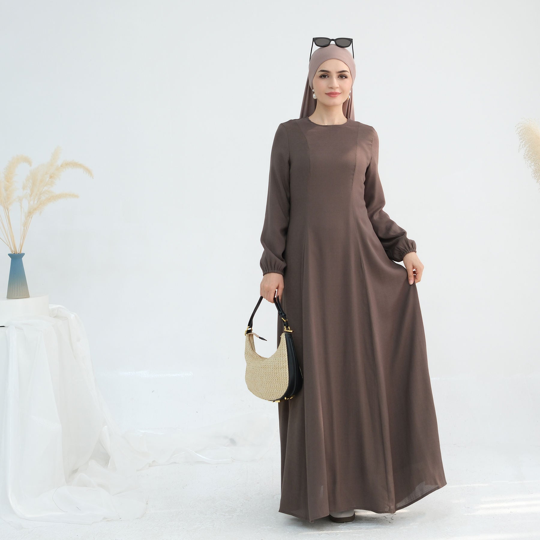 1932# 2025 Islamic Clothing Linen Women Maxi Dress Balloon Sleeve Big Hem Modest Abaya Women Muslim Dress