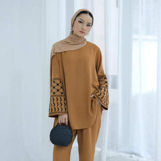 1836#Keffiyeh Inspired Long Sleeve Top and Pants Daily Casual Wear Suit for Muslim Women 2pcs Modest Fashion Abaya Set