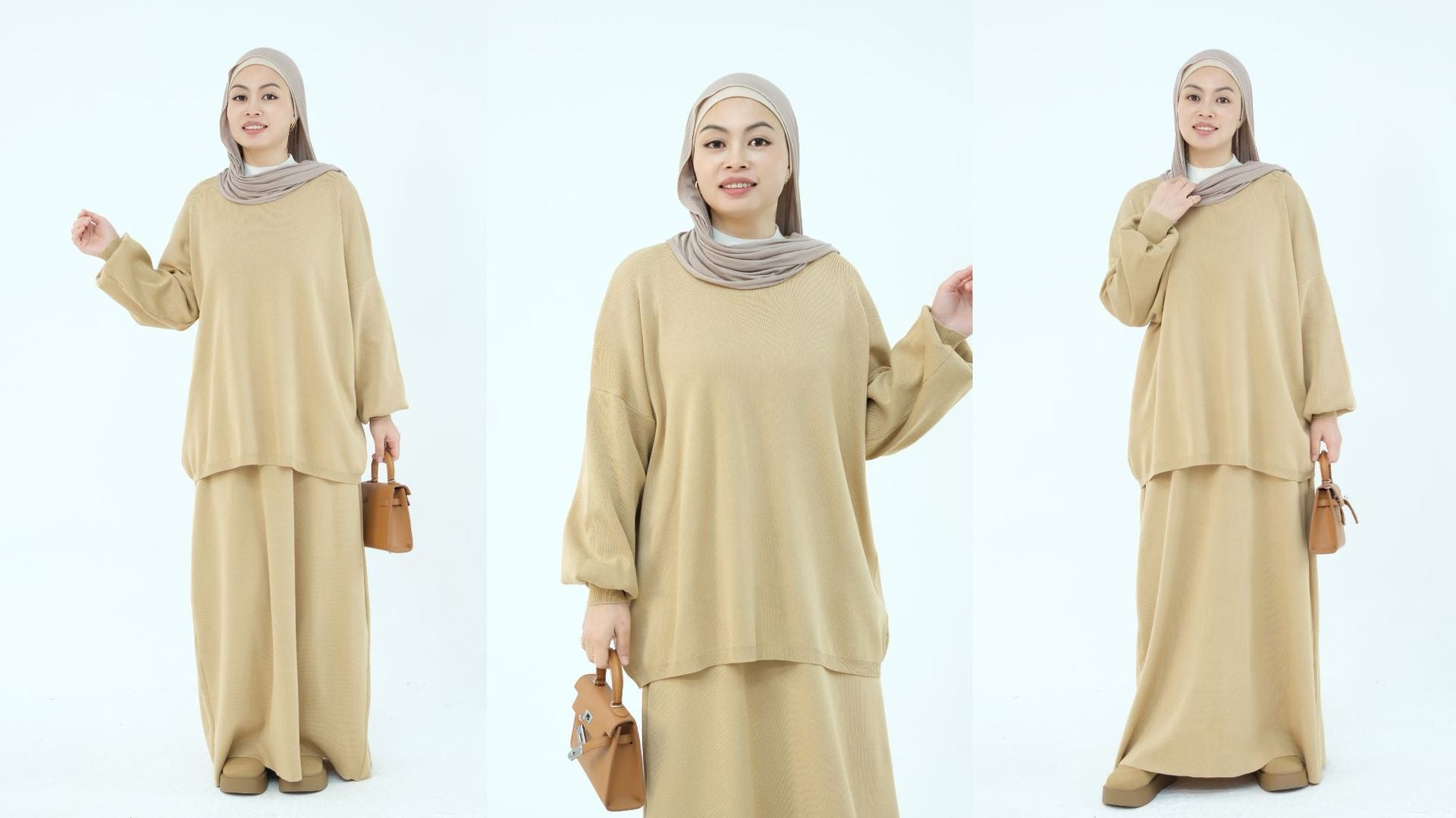 1928#Knit Fabric Solid Color Women's Dress Islamic Clothing Sweater Skirt Set 2pcs Winter Set Abaya