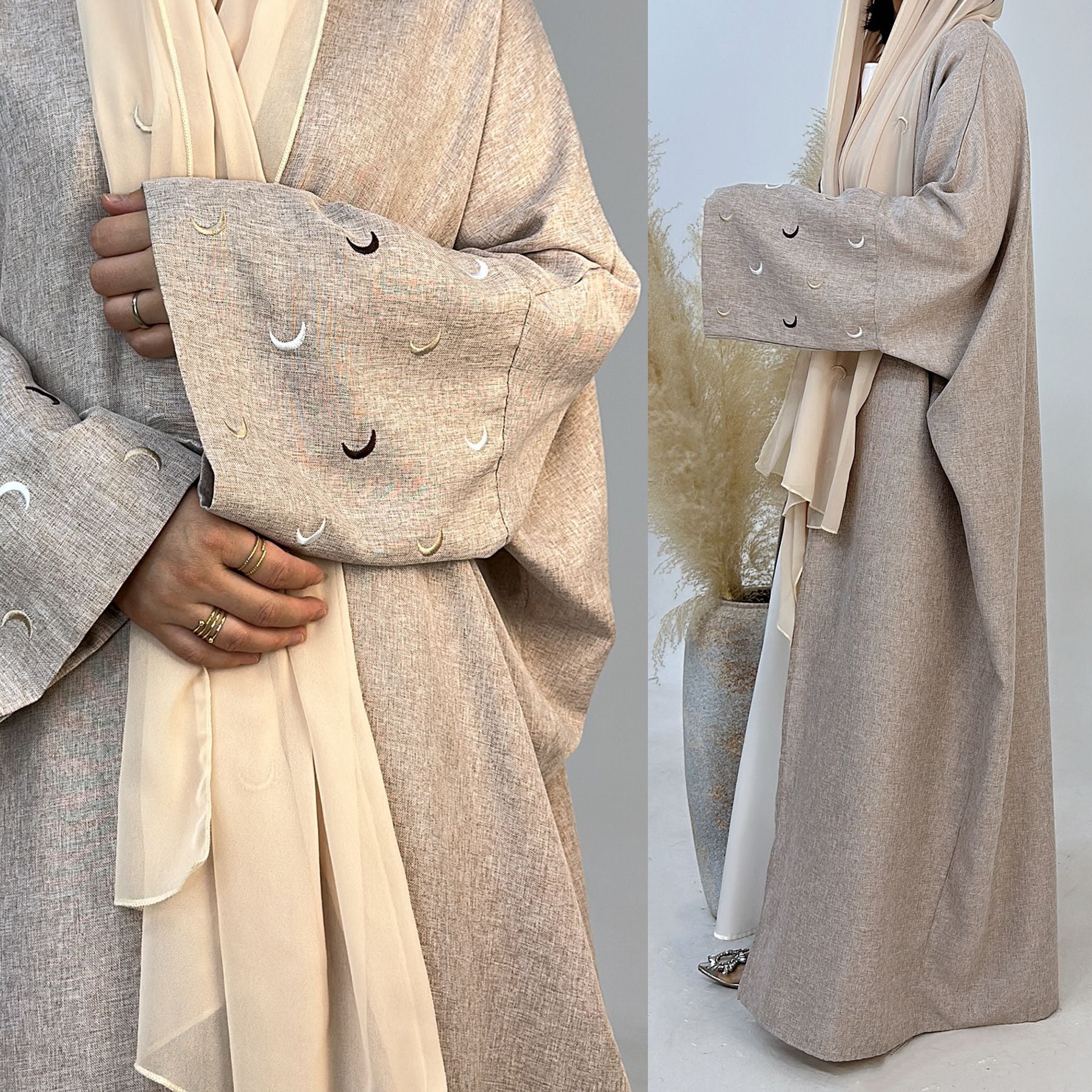 1664#New Arrival EID Linen Islamic Clothing Musulmane Moon Embroidery Women Kimono Cardigan Abaya