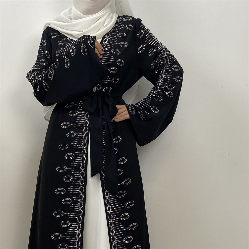 1424#Modest Coats for Muslim Women Nida Open Abaya With Sequins Black Long Coat With Side Pockets