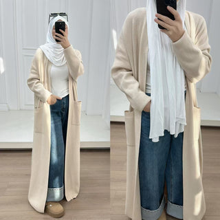 1906#Open Front Abaya with Pocket Thick Islamic Clothing Winter Cardigan Dress EID Ramadan Muslim Knitted Abaya