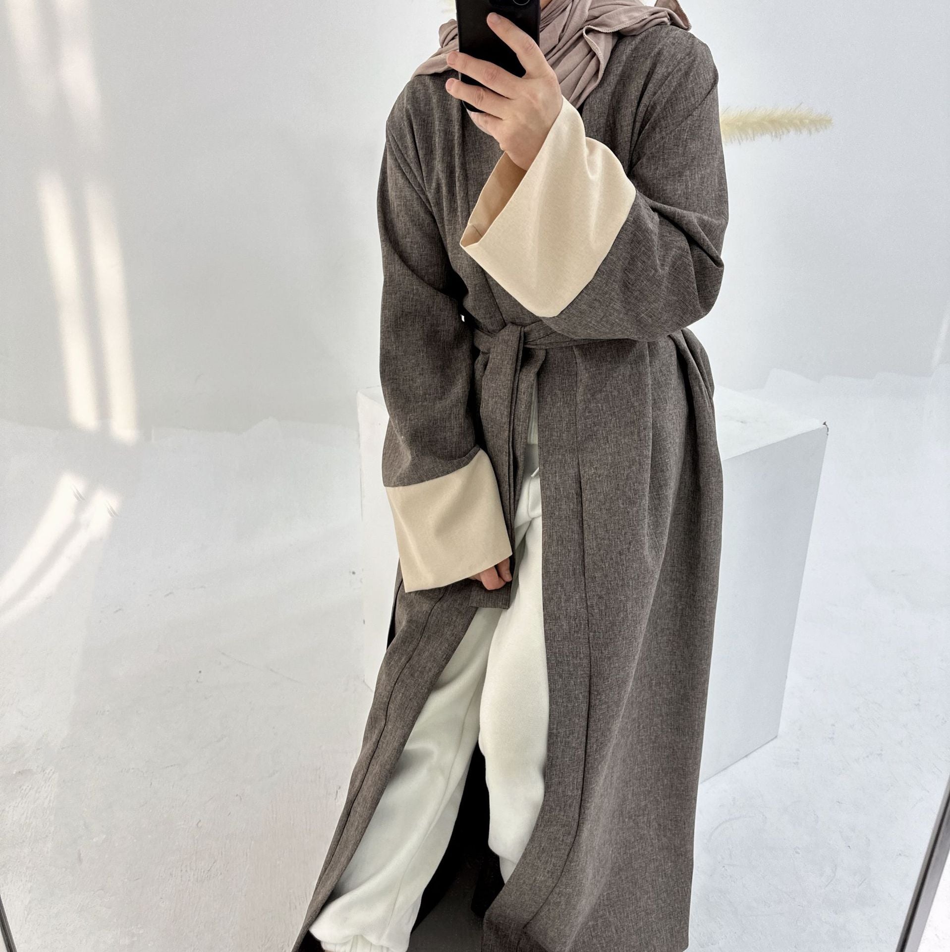 1744#2024 Latest Islamic Clothing Color-blocked Sleeves Linen Cardigan Open Abaya