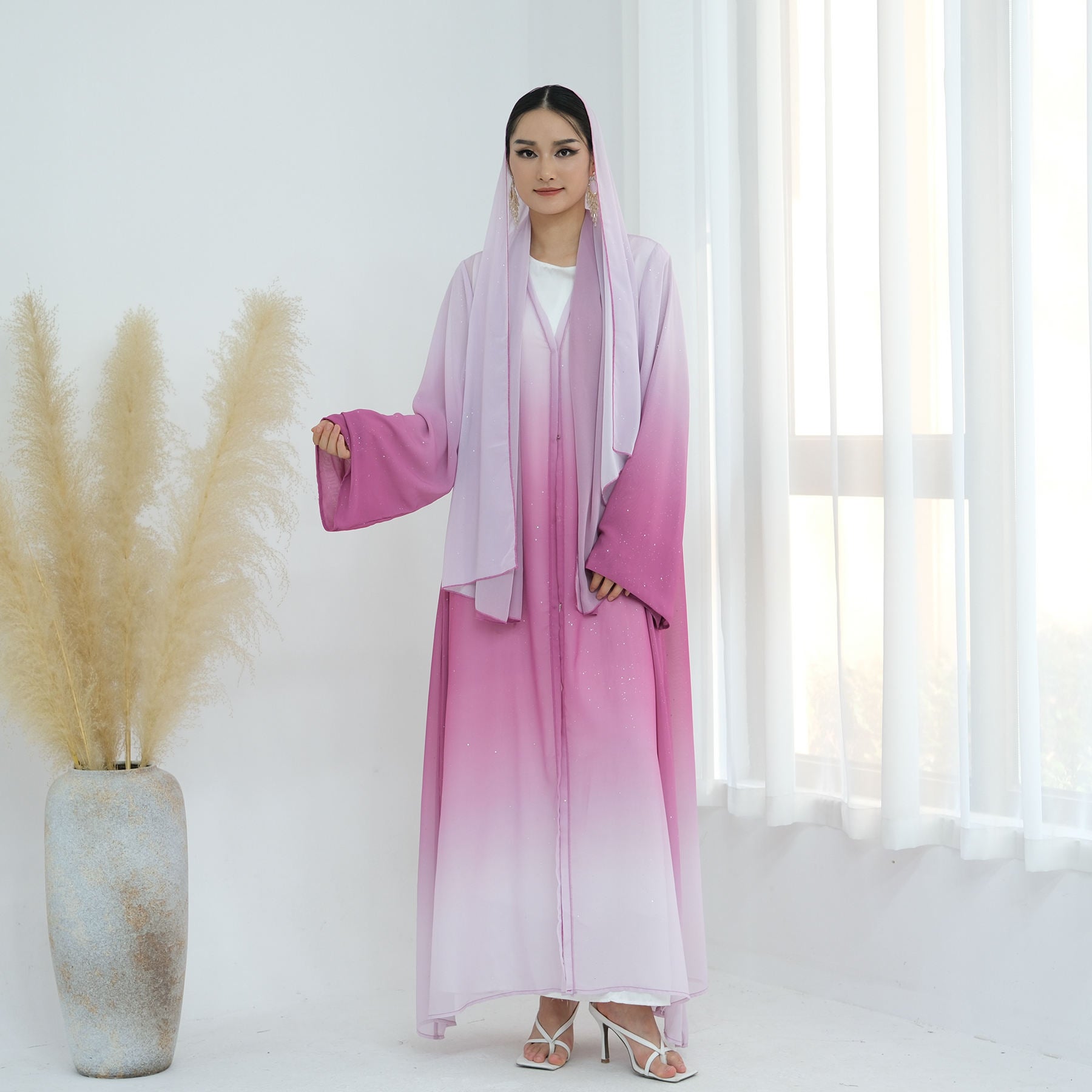 1840#2024 New Ombre Gradient Color Hijab Abaya 2pcs Set Kaftan Abaya Women Muslim Dress