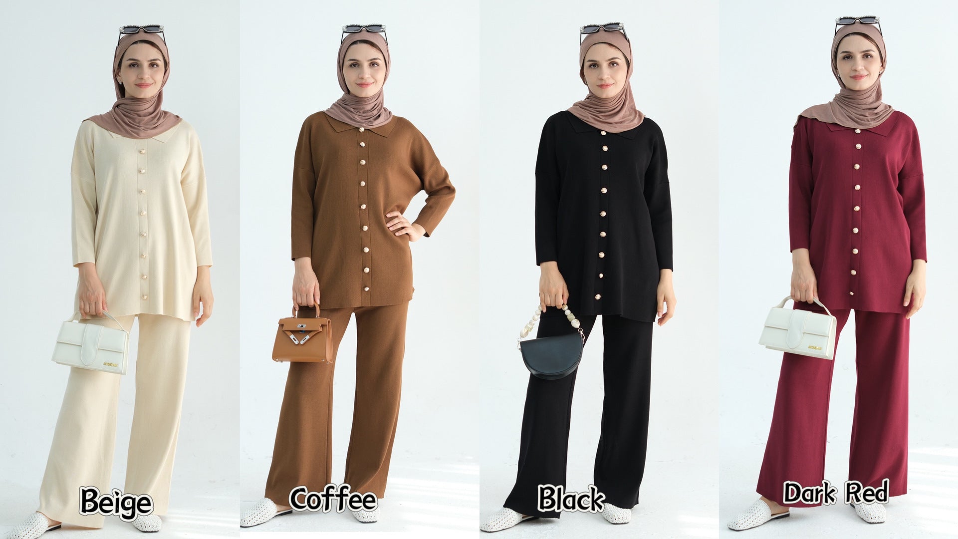 1869#Button Detailed Knit Sweater Pants Set Free Size Modest Two Pieces Women Casual Wear Fall Abaya Suit