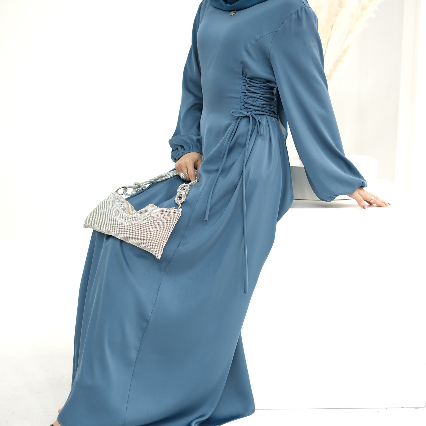 1702#2024 New Modest Dresses Satin Casual Dresses Abaya Women Muslim Dress Ramadan 的副本
