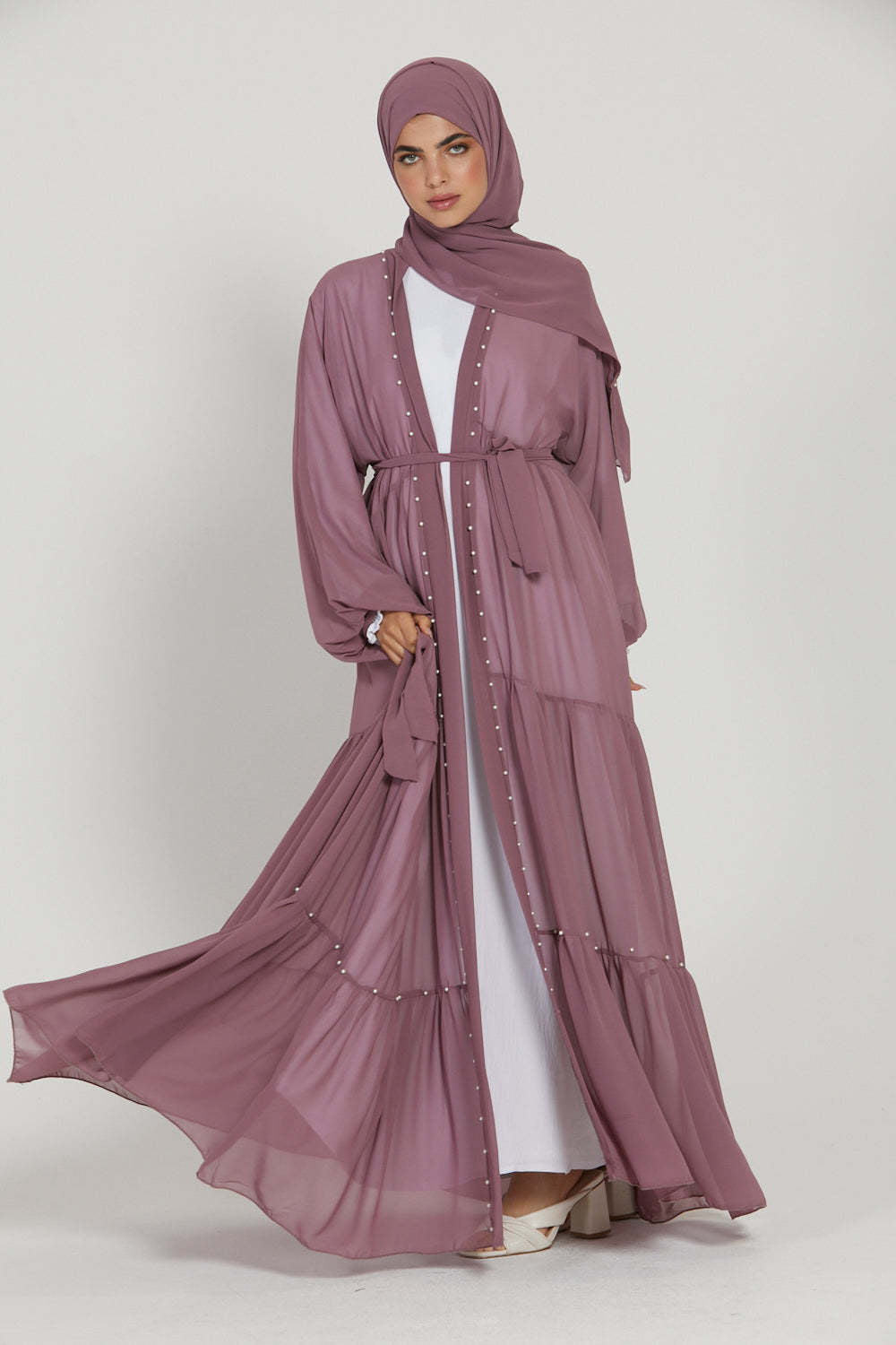 1964#Chiffon open abaya with white pearls tie belt long sleeves dubai abayas 5 colors