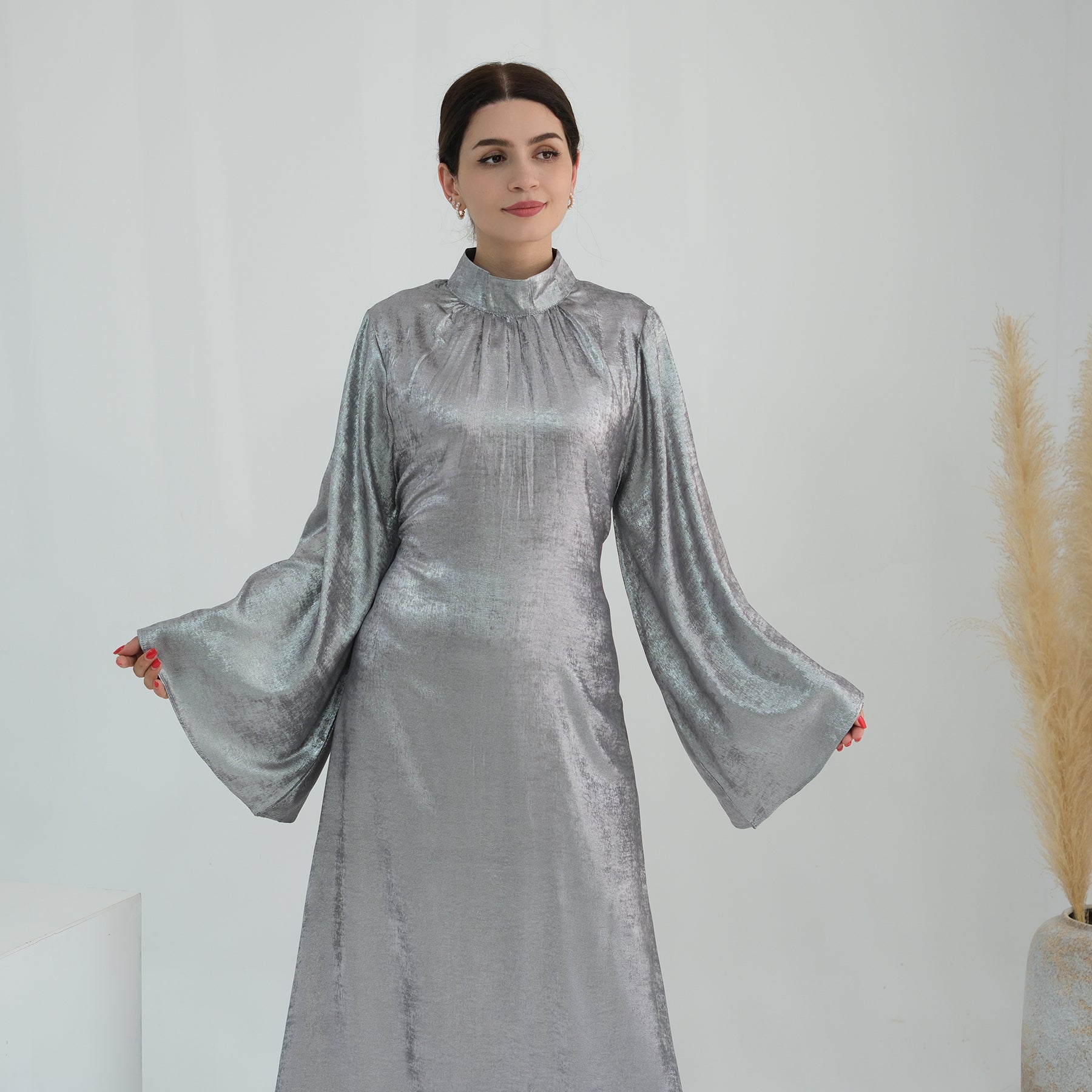 1777#New Modest Muslim Dress Long Sleeve Shinny Polyester Fashion Dubai Abaya Women Dress Elegant Islamic Clothing